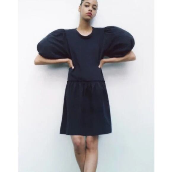 ZARA Voluminous Short Dress Navy Blue Size M 100% Cotton Minimalist Classic EUC